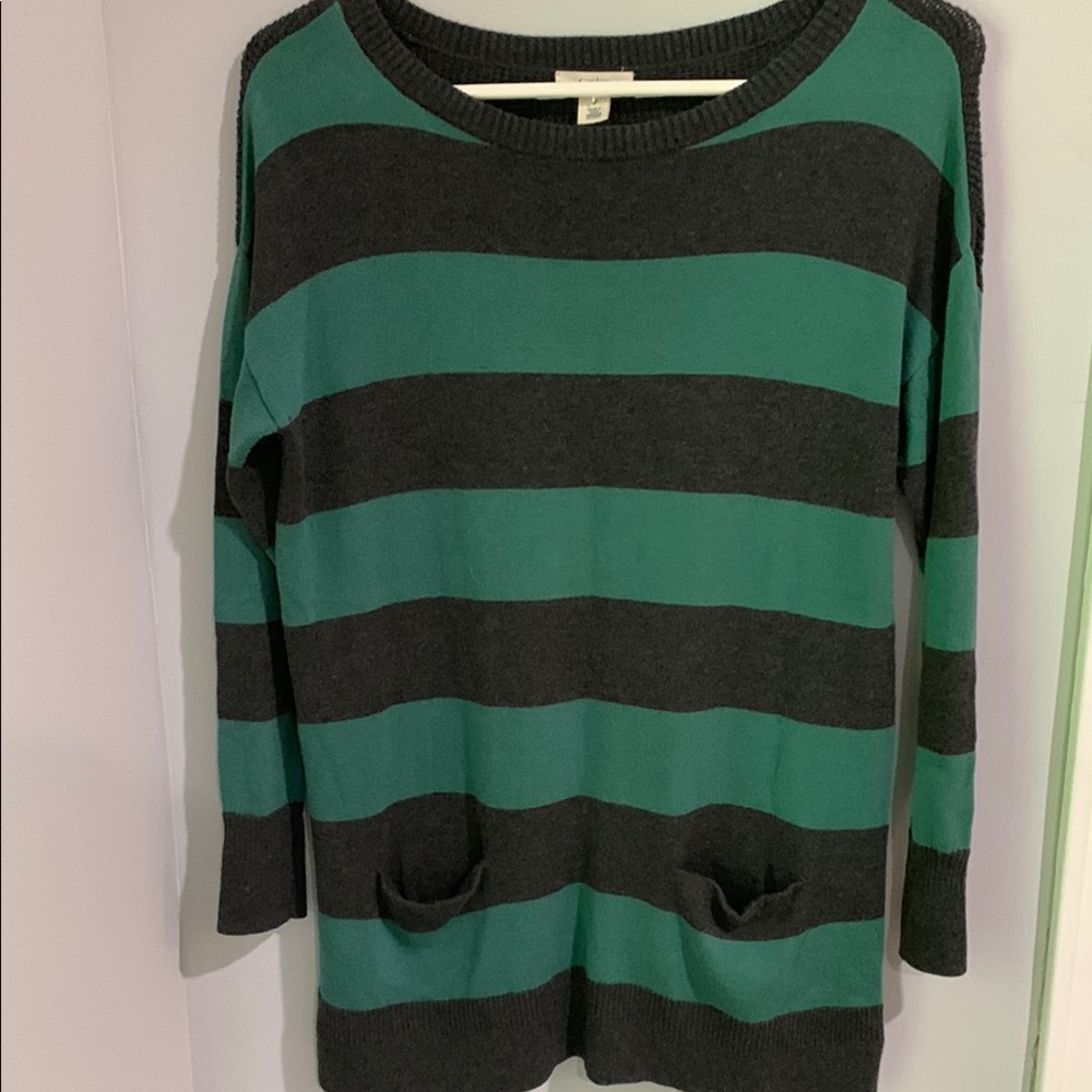 Caslon Crew Neck Sweater Green and Gray Stripes